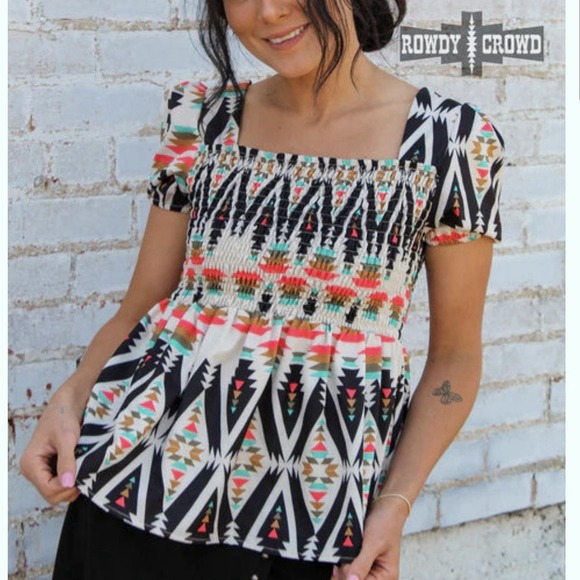 Tops - NWOT Rowdy Crowd Clothing Smocked Bodice Puff Sleeve Aztec/Southwest Top Size XL